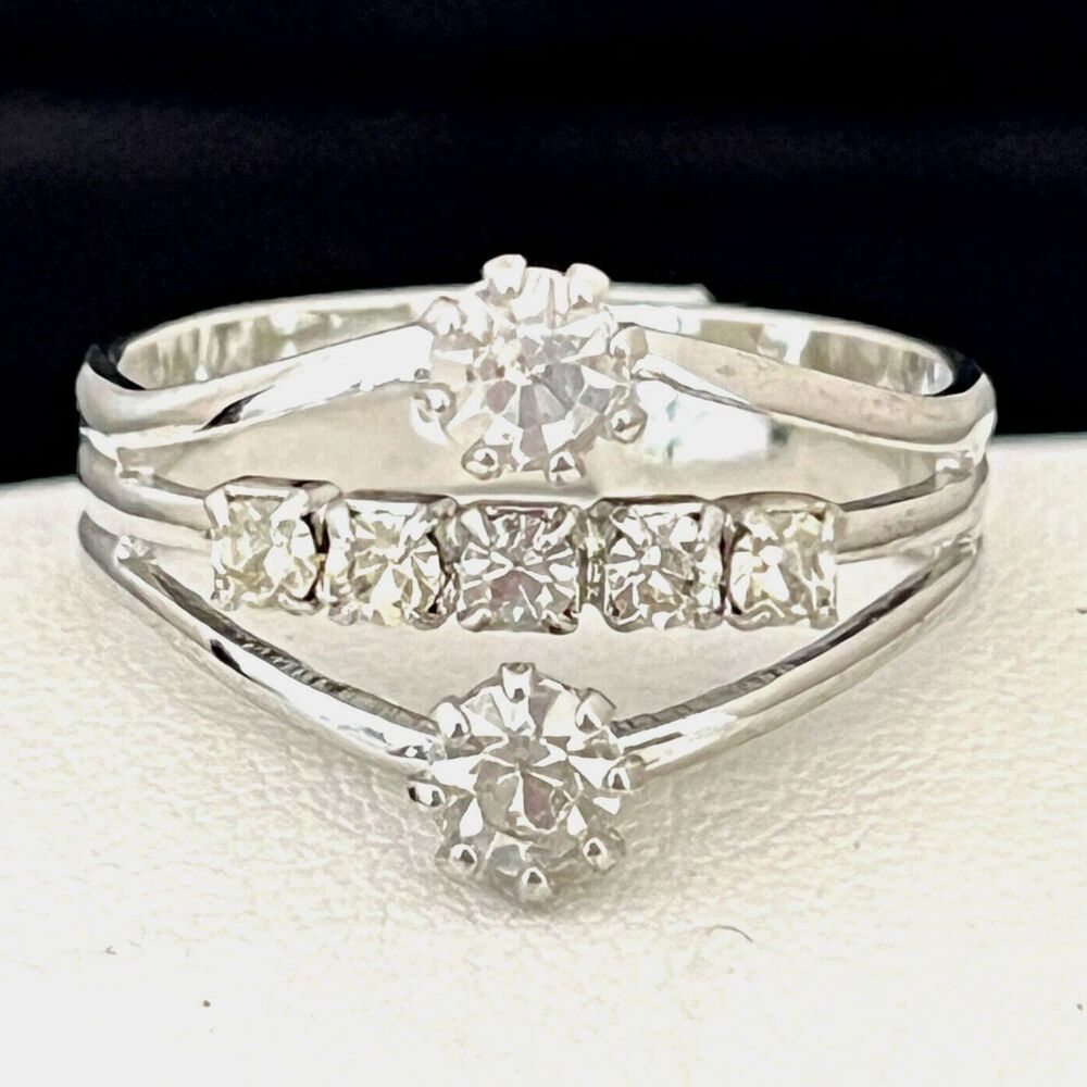 Vintage 1960s Cocktail Ring Mid Century Modern Clear Rhinestone Silver Tone - 4I